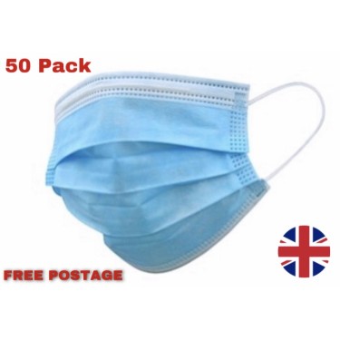 Face Masks - Blue Disposable Face Masks - 3 Layers 50 Pack